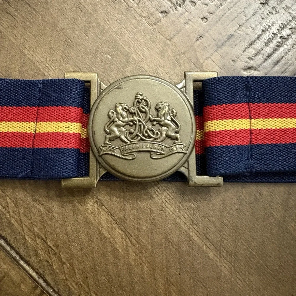 Ralph Lauren Blue Red Yellow Stripe Elastic Belt Hook Buckle Preppy Women 28